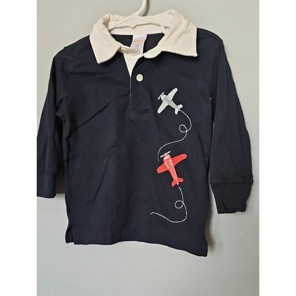 Gymboree Boys Navy Blue Airplane Long Sleeve Polo Shirt 6-12 Months Cotton